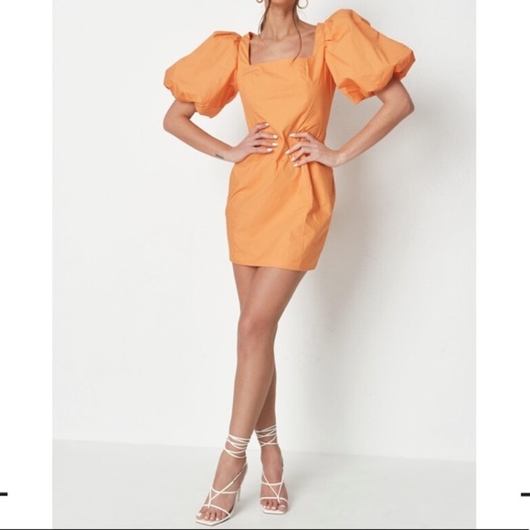 Missguided Orange Puff Sleeve Square Neck Mini Dress 2 - Picture 1 of 1